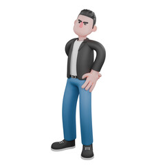 Musician Character in 3D Style. A male musician is standing facing right while his left hand is on his waist and his right hand is behind his body. 3D Music Performer