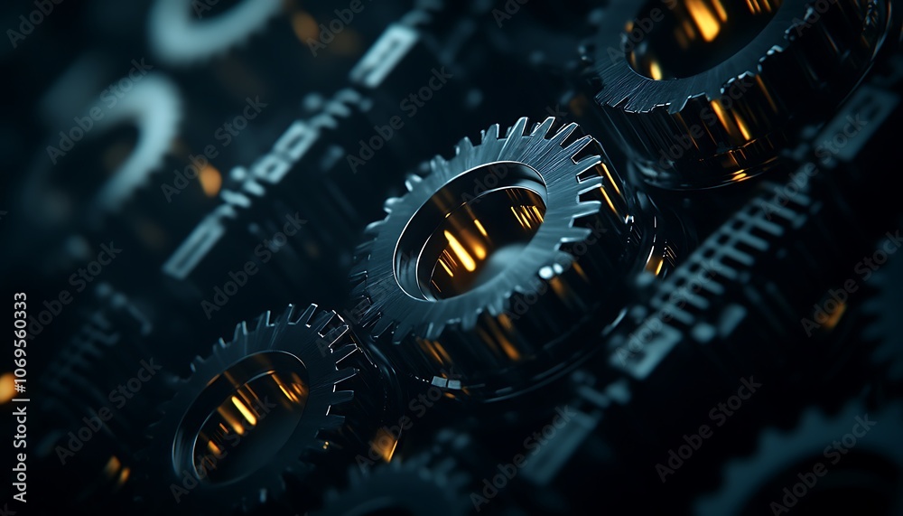 Poster A close-up view of intricate metallic gears with a dark, ambient background, showcasing detail and depth in mechanical design.