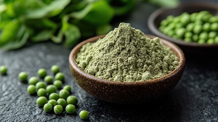A scoop of plant-based pea protein powder with green peas demonstrates a healthy and sustainable food source.