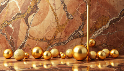 Naklejka premium stunning arrangement of marble and gold ball decorations on luxurious surface, creating elegant and sophisticated atmosphere. shiny textures and warm colors enhance overall aesthetic appeal