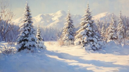 Naklejka premium Beautiful snowy landscape with Christmas trees in the foreground, softly lit by morning sun 