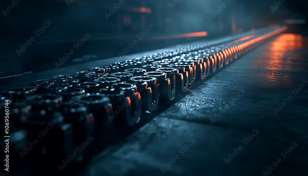 Poster a detailed close-up of a metallic conveyor belt with illuminated elements, capturing an industrial a