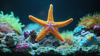 A seastar in a coral reef aquarium adds an exotic decorative touch, perfect for marine-themed living spaces.