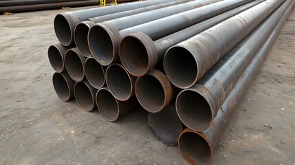 Stacked rows of large cylindrical metal pipes arranged neatly at an industrial construction site showcasing the materials and equipment used in building infrastructure and engineering projects