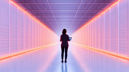 A woman in a business suit walks down a futuristic hallway lit with neon lights.