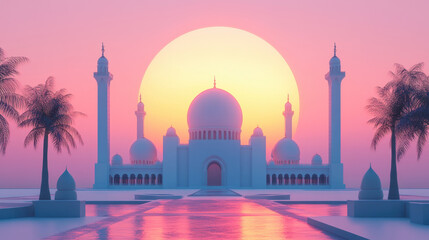 Naklejka premium stunning minimalist mosque silhouette against vibrant sunset, surrounded by palm trees, creates serene and tranquil atmosphere. soft colors evoke sense of peace and beauty