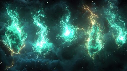 Obraz premium A set of green lightning bolts and electric discharges on a transparent background, representing energy and magical effects.