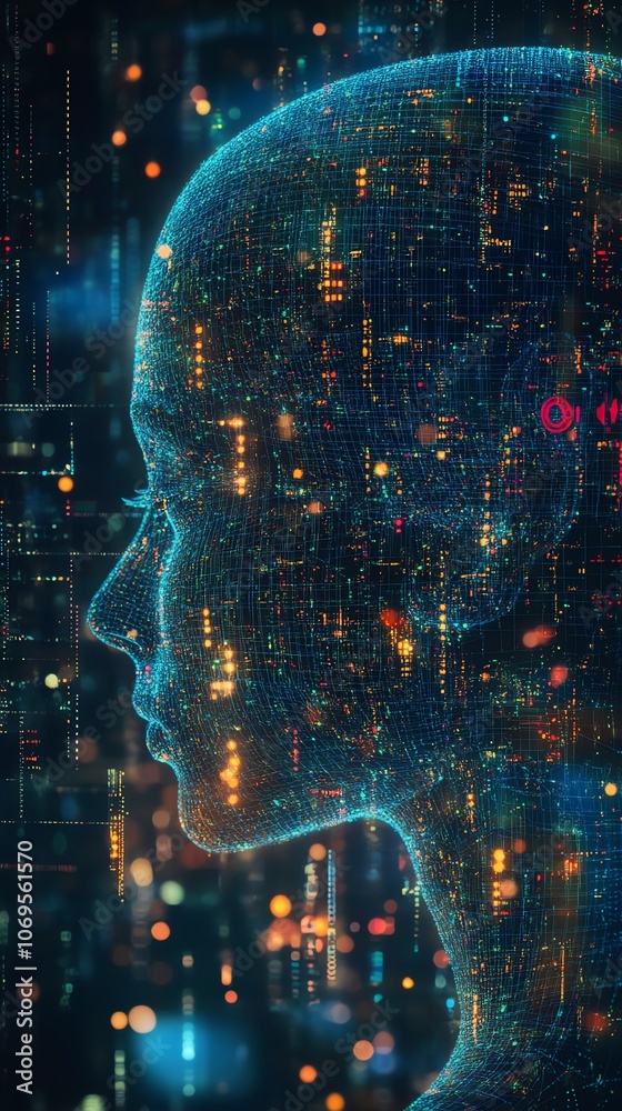 Poster a digital profile of a human face with colorful pixelated data flowing around it.