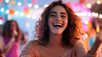 Fototapeta premium Joyful woman laughing at vibrant party, surrounded by colorful lights and decorations, capturing moment of happiness and celebration