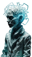 Obraz premium A futuristic humanoid figure with glowing wires and intricate patterns poses dramatically against a dark background in a modern art setting