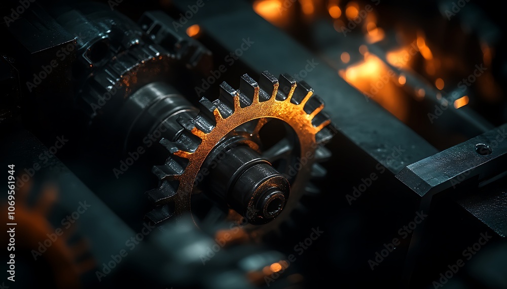 Fototapete A close-up view of intricate gears in motion, illuminated by warm light, showcasing mechanical precision and engineering beauty.