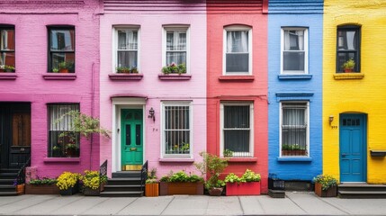 Colorful row houses with vibrant facades and flower pots, showcasing urban charm.