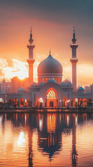 Majestic mosque at sunset, reflecting beautifully in water, surrounded by city skyline. serene and peaceful atmosphere captures essence of spirituality