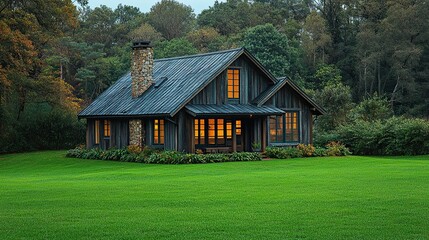 Fototapeta premium A small house on a lush green lawn, representing sustainable and eco-friendly living.
