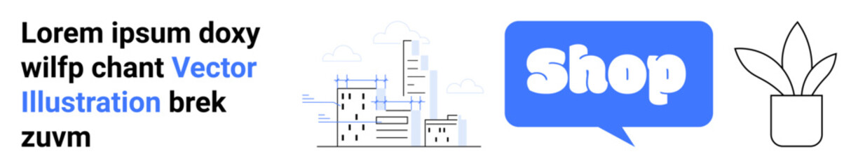 Text block with placeholder content, cityscape in grey, large blue speech bubble with Shop text, and plant outline. Ideal for e-commerce, advertising, digital marketing, urban themes, and modern