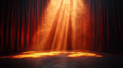 A spotlight shines on a maroon curtain, setting the stage for a dramatic performance in a theater scene.