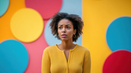 businesswoman looks concerned against vibrant backdrop of colorful circles, expressing mix of emotions. bright colors contrast with her serious expression, highlighting her feelings