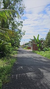 POV on narrow street in the village at Mang Thit district, Vinh Long province, Mekong Delta Vietnam in the morning.