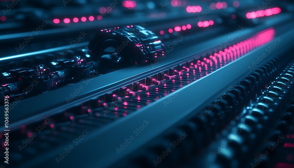 Aufkleber A futuristic, close-up view of illuminated tracks with glowing elements, suggesting advanced technology and digital themes.