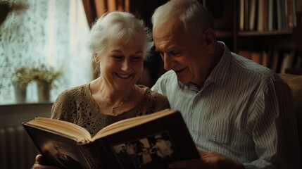 Smiling Elderly Couple Looking at Photo Album