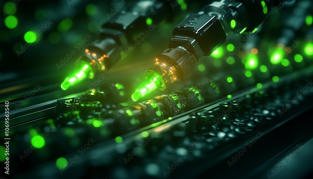 Aufkleber A futuristic scene featuring robotic arms working on a technological surface, illuminated by vibrant green lights, suggesting advanced manufacturing or innovation.