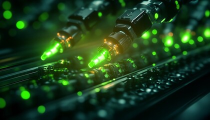 A futuristic scene featuring robotic arms working on a technological surface, illuminated by vibrant green lights, suggesting advanced manufacturing or innovation.