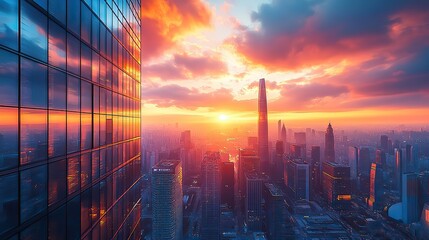 Fototapeta premium A sunset view of advanced skyscrapers in a futuristic city, symbolizing the progress and innovation in the financial district, highlighting urban development.