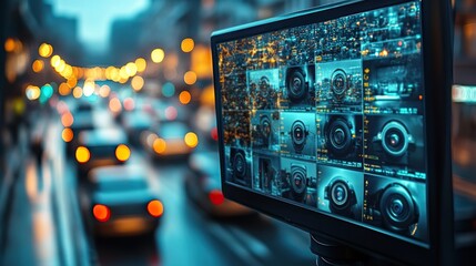 A surveillance monitor screen is illustrated, representing security systems with a digital dashboard for tracking purposes.