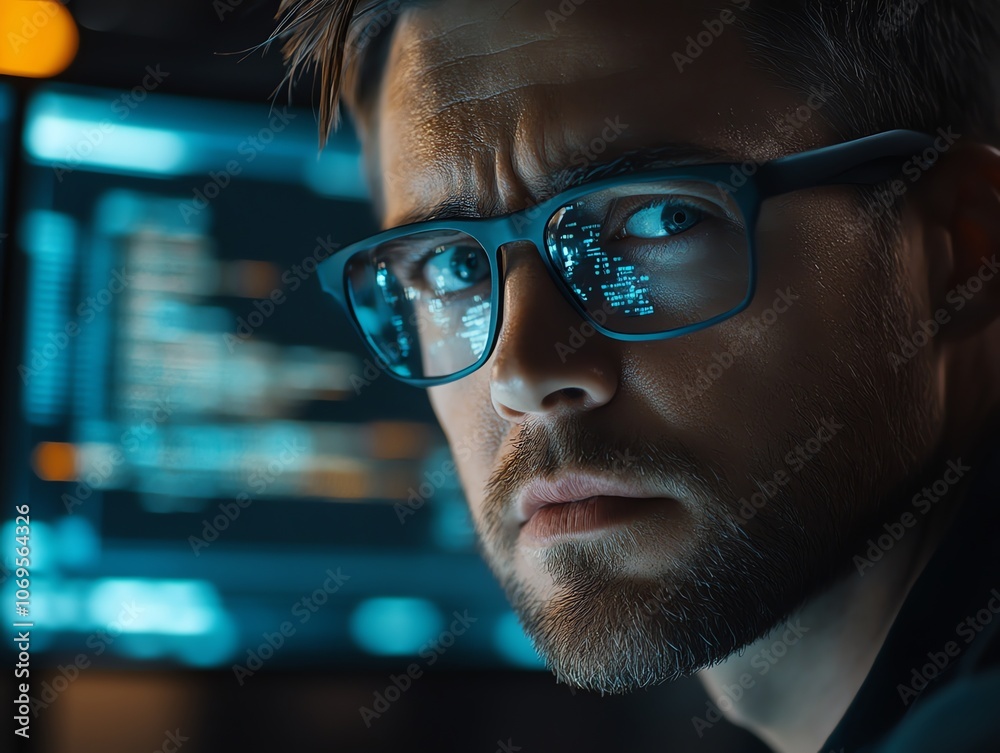 Poster A focused programmer with glasses looks intently at a computer screen displaying lines of code.