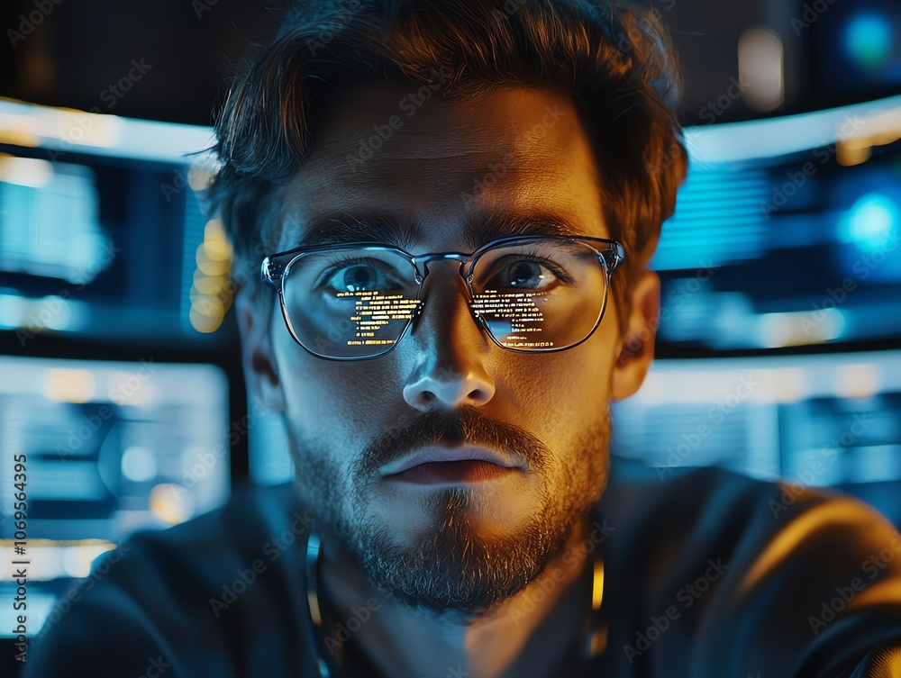 Aufkleber a focused young man wearing glasses sits in front of a computer screen filled with data, looking dir