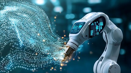 The robotic arm is sleek and futuristic, with a digital screen displaying real time data analytics against a flowing background of binary code and interconnected nodes in a cool blue color scheme