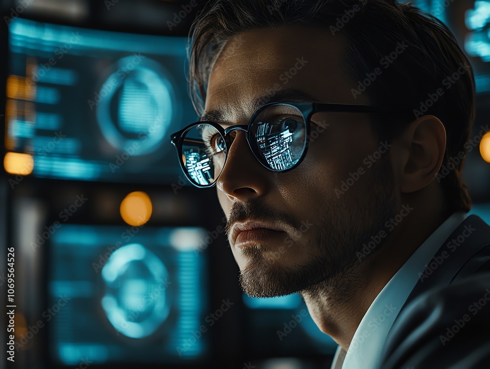 Aufkleber A focused young man with glasses looks intently at computer screens with data visualizations, reflecting in his glasses.