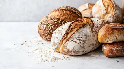 Gordijnen Artisan bread cutting board fresh baked crusty golden loaf flour. AI generated © alex
