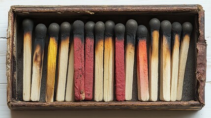 Naklejka premium A top view of opened matchboxes containing burnt matchsticks, isolated on a white background.
