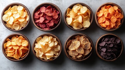 Fototapeta premium A top view of potato chips in bowls, showcasing various flavors against a white background.