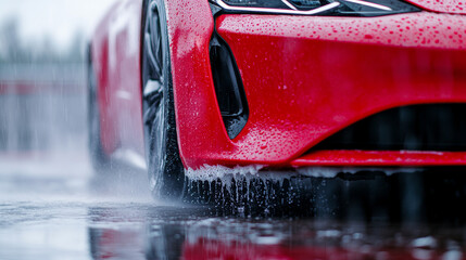 Fototapeta premium A red car being washed, with droplets of water on its surface and a line of soap suds at the bottom of the frame.