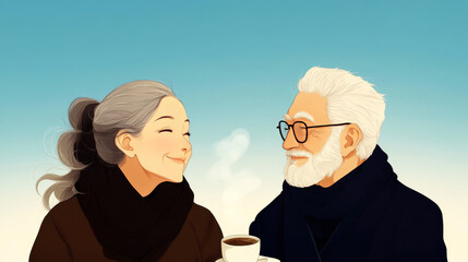 A senior couple share a loving gaze over a cup of coffee, their smiles radiating warmth.