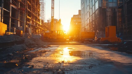 Construction site at sunset with machinery and reflections on the ground.
