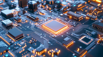 Obraz premium Close up view of complex circuit board with glowing components, showcasing intricate details of technology and innovation. vibrant lights highlight advanced design