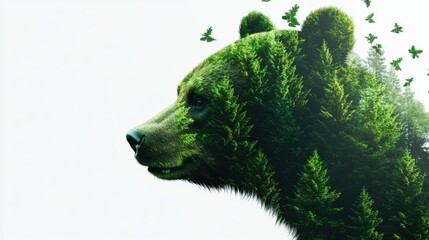 Artistic double exposure of a bear with lush green forest, symbolizing wild nature and fauna....