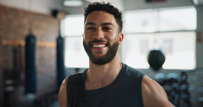 Smile, sports and face of man in gym sweating with workout, bodybuilding and training. Fitness, happy and portrait of male athlete from Thailand with body exercise for wellness in health club.