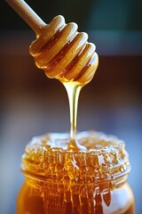 Golden honey dripping from a wooden dipper into a jar on a warm afternoon