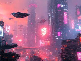 Fototapeta premium A futuristic cityscape with flying cars and neon lights in a pink and purple sky.