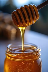 Golden honey drips from a wooden dipper into a clear jar at sunrise