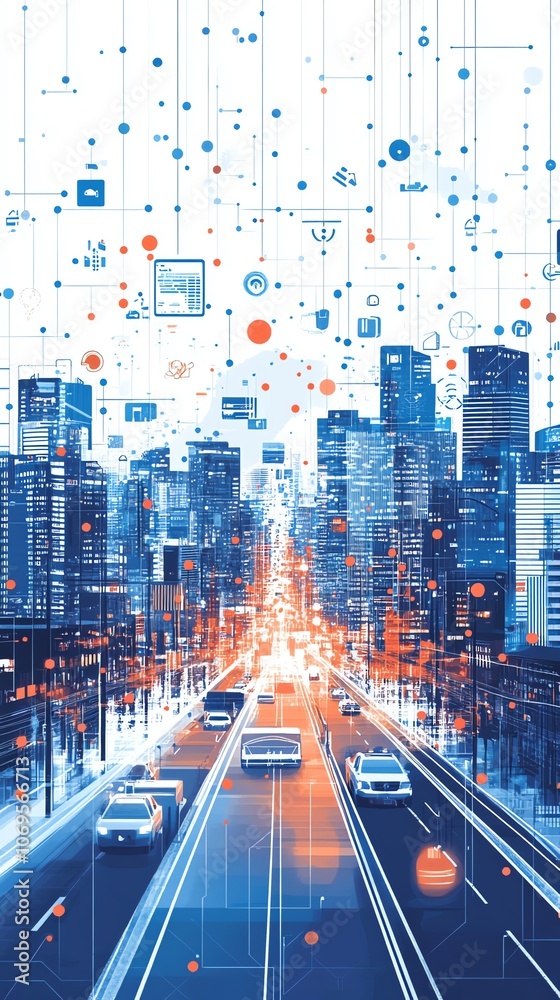 Poster A futuristic cityscape with glowing digital icons and data streams flowing over a highway.