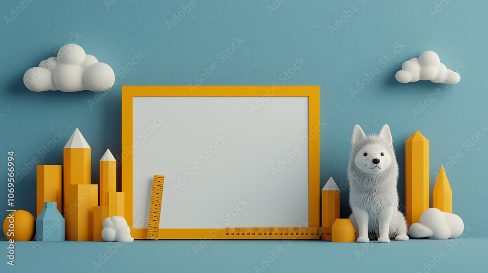 Poster captivating 3D illustration featuring Siberian dog beside colorful geometric shapes and blank frame against blue background, evoking creativity and playfulness