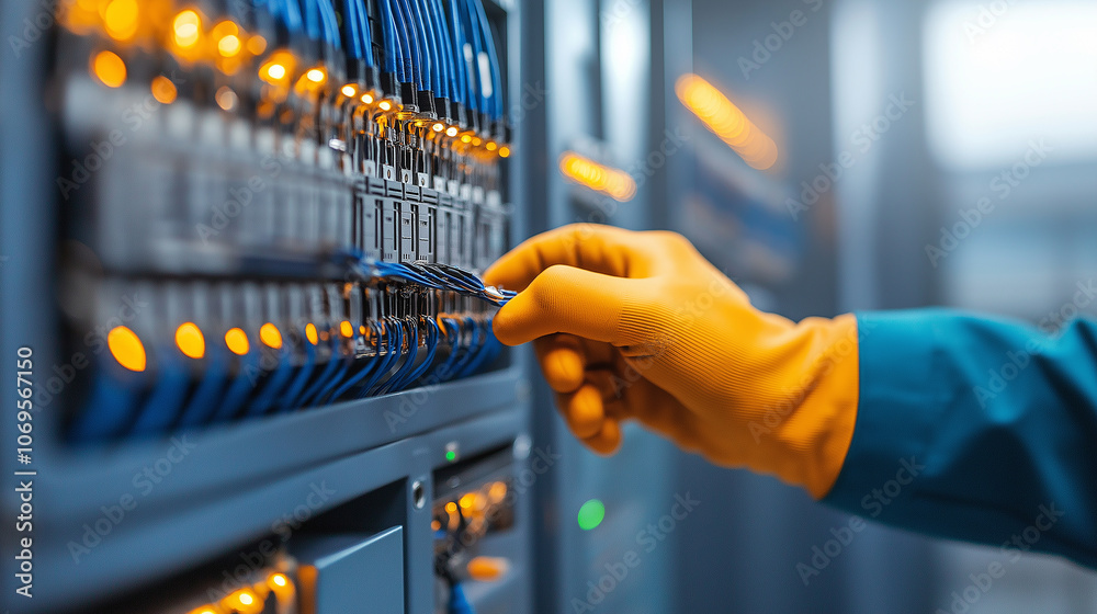 Poster detailed view of electrical wiring with gloved hand connecting cables, showcasing technology and pre