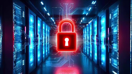 A glowing red padlock hovers in front of a server room, symbolizing data security. - Powered by Adobe