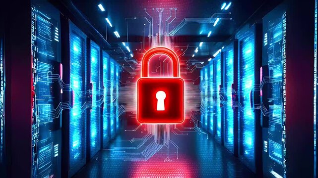 A glowing red padlock hovers in front of a server room, symbolizing data security.