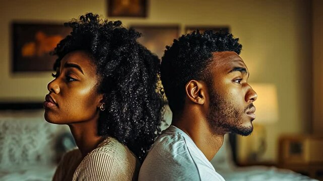 A young Black man and woman, seen back-to-back, appear lost in thought in a dimly lit room, evoking themes of contemplation and relationship dynamics. Their expressions suggest a moment of silent